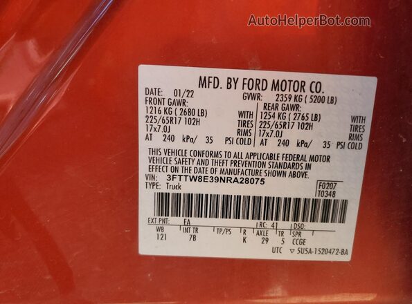 3FTTW8E39NRA28075 2022 FORD MAVERICK Красный Вид подкапотного пространства