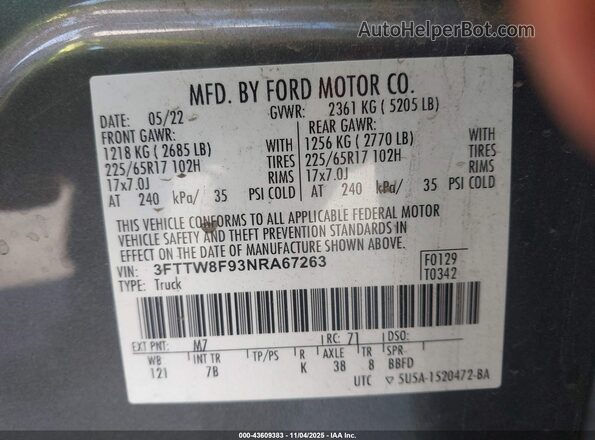 3FTTW8F93NRA67263 2022 FORD MAVERICK Серый Вид подкапотного пространства