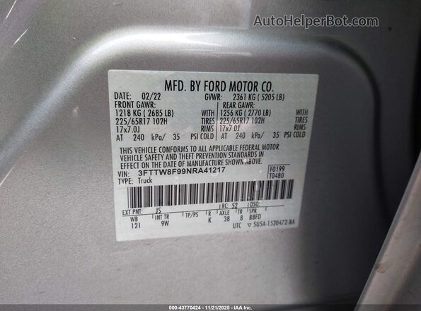 3FTTW8F99NRA41217 2022 FORD MAVERICK Серый Вид подкапотного пространства