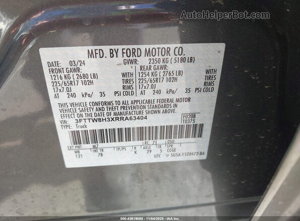 3FTTW8H3XRRA63404 2024 FORD MAVERICK Gray Շարժիչի բաժամունքի տեսք