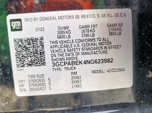 3GCPABEK4NG623982 2022 CHEVROLET SILVERADO Черный Вид наклейки с VIN-кодом