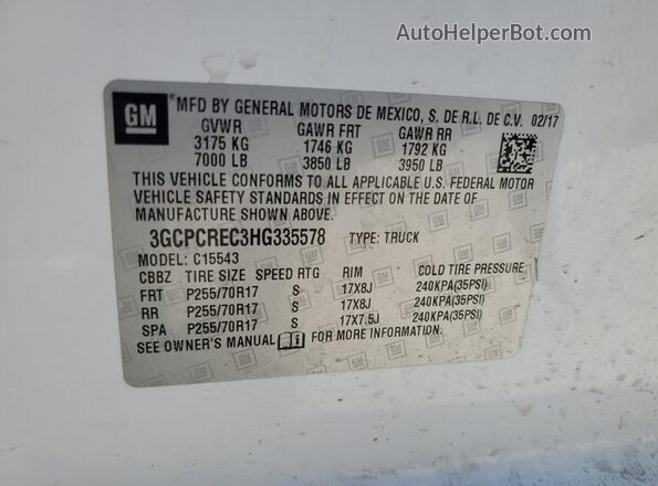 3GCPCREC3HG335578 2017 CHEVROLET SILVERADO White Widok naklejki z numerem VIN