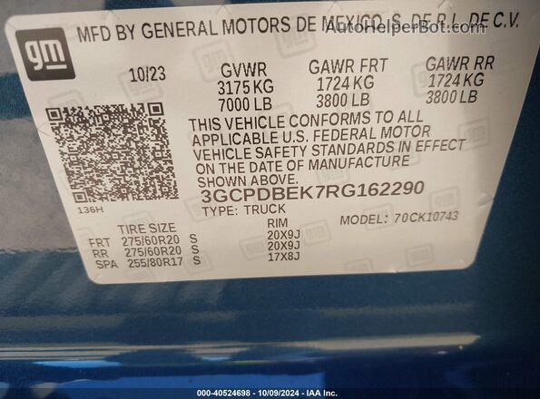 3GCPDBEK7RG162290 2024 CHEVROLET SILVERADO Blue Engine compartment view