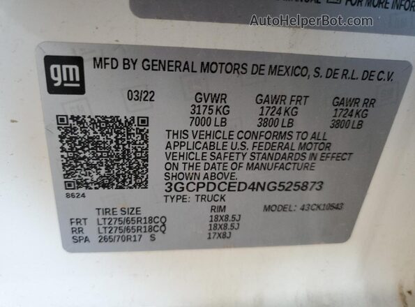 3GCPDCED4NG525873 2022 CHEVROLET SILVERADO White Շարժիչի բաժամունքի տեսք
