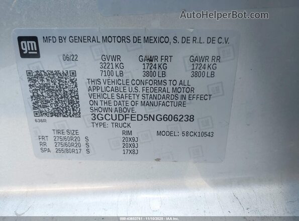 3GCUDFED5NG606238 2022 CHEVROLET SILVERADO Silver ძრავის განყოფილების ხედი