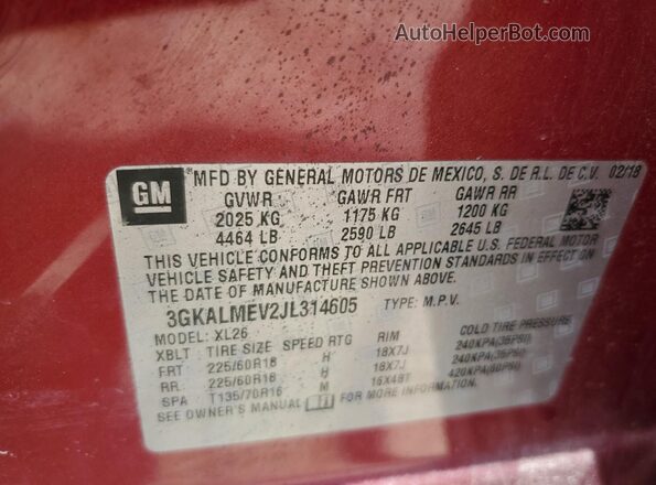 3GKALMEV2JL314605 2018 GMC TERRAIN Бордовый Вид наклейки с VIN-кодом