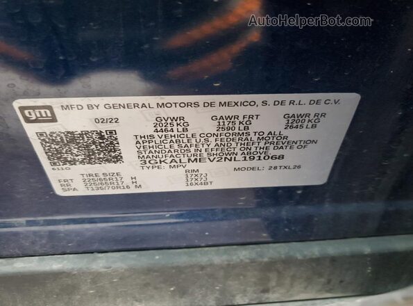 3GKALMEV2NL191068 2022 GMC TERRAIN Синий Вид наклейки с VIN-кодом
