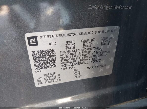 3GKALMEV6LL140377 2020 GMC TERRAIN Gray Vista del compartimento del motor