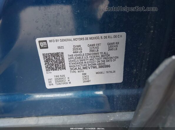 3GKALMEV7ML386596 2021 GMC TERRAIN Blue Vista del compartimento del motor