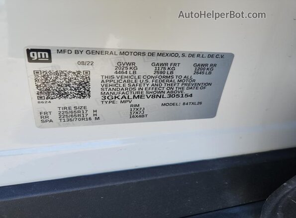 3GKALMEV8NL305154 2022 GMC TERRAIN Белый Панорамный вид салона 360°