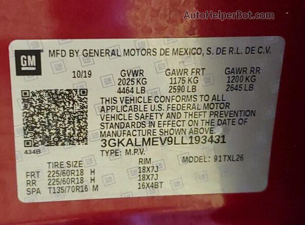 3GKALMEV9LL193431 2020 GMC TERRAIN Бордовый Вид наклейки с VIN-кодом