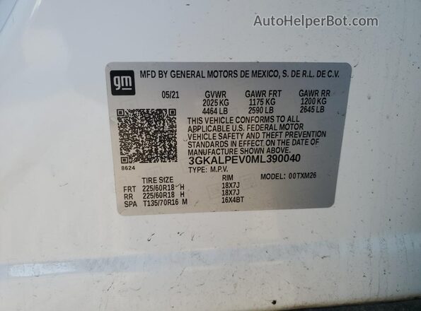 3GKALPEV0ML390040 2021 GMC TERRAIN White VIN კოდის სტიკერის ხედი
