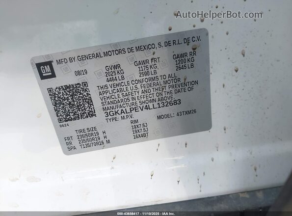 3GKALPEV4LL132683 2020 GMC TERRAIN White Vista del compartimento del motor