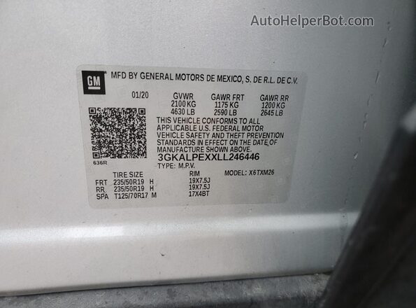 3GKALPEXXLL246446 2020 GMC TERRAIN Серебряный Панорамный вид салона 360°