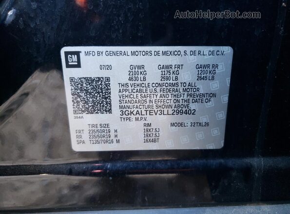 3GKALTEV3LL299402 2020 GMC TERRAIN Black Vista de la etiqueta del VIN