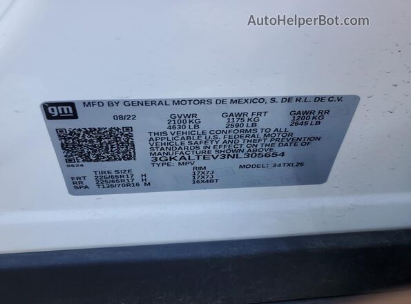 3GKALTEV3NL305654 2022 GMC TERRAIN Белый Вид наклейки с VIN-кодом
