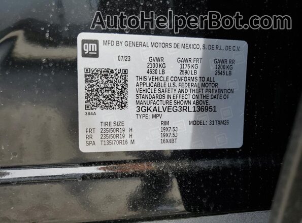 3GKALVEG3RL136951 2024 GMC TERRAIN Black Widok naklejki z numerem VIN