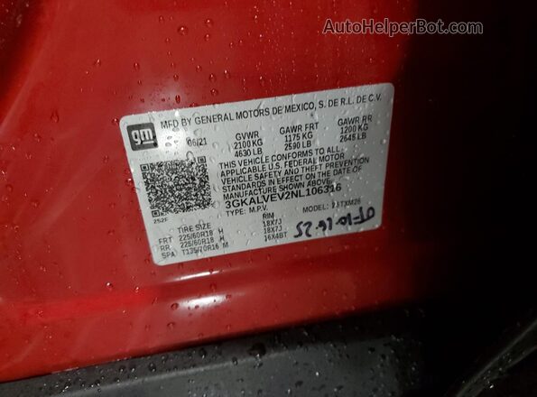 3GKALVEV2NL106316 2022 GMC TERRAIN Red Widok naklejki z numerem VIN