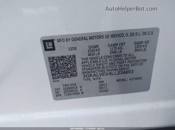 3GKALVEV4LL234893 2020 GMC TERRAIN White ძრავის განყოფილების ხედი