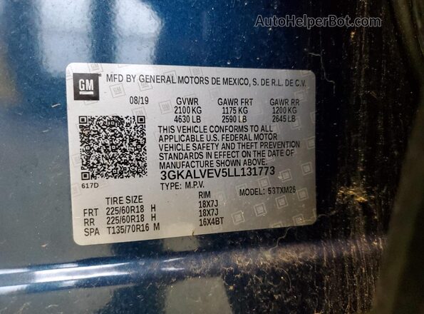 3GKALVEV5LL131773 2020 GMC TERRAIN Blue Вид наклейки з VIN-кодом