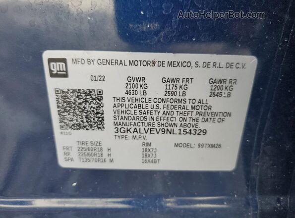 3GKALVEV9NL154329 2022 GMC TERRAIN Синий Панорамный вид салона 360°