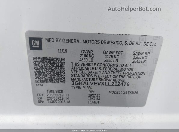 3GKALVEVXLL212476 2020 GMC TERRAIN White Widok komory silnika