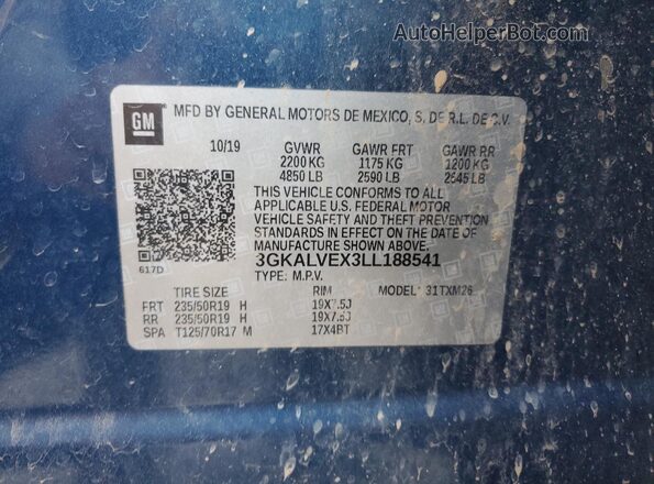 3GKALVEX3LL188541 2020 GMC TERRAIN Blue VIN sticker view