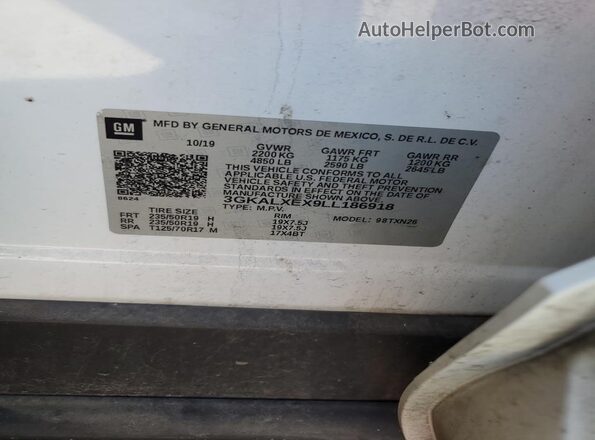 3GKALXEX9LL186918 2020 GMC TERRAIN White Vista de la etiqueta del VIN