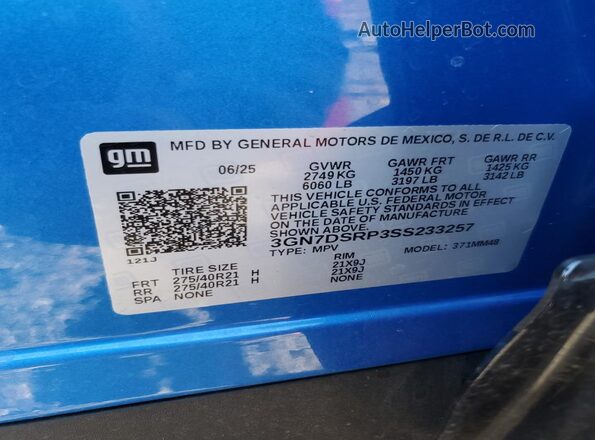 3GN7DSRP3SS233257 2025 CHEVROLET EQUINOX Blue VIN კოდის სტიკერის ხედი