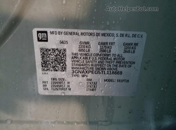 3GNAXPEG5TL118669 2026 CHEVROLET EQUINOX Зеленый Вид наклейки с VIN-кодом