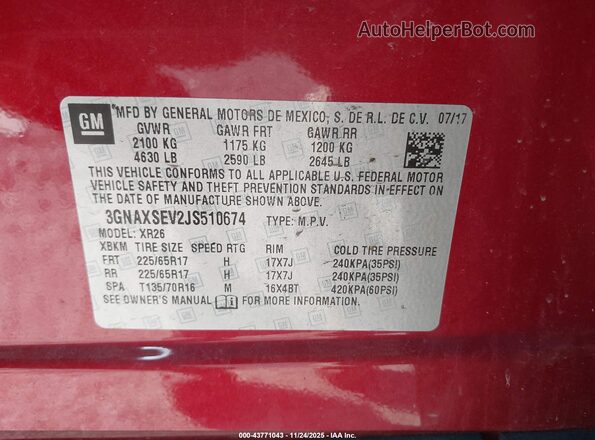 3GNAXSEV2JS510674 2018 CHEVROLET EQUINOX Red Engine compartment view