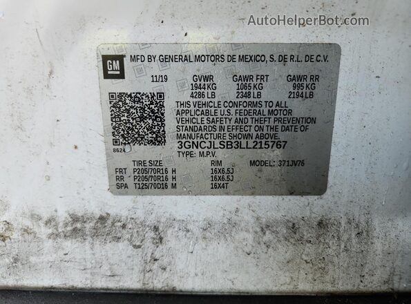3GNCJLSB3LL215767 2020 CHEVROLET TRAX White VIN կոդի պիտակի տեսք