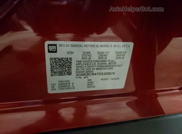 3GNKBCR47SS100674 2025 CHEVROLET BLAZER Red VIN კოდის სტიკერის ხედი