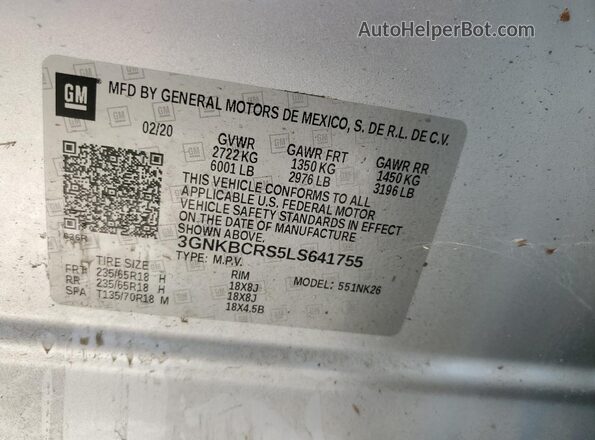3GNKBCRS5LS641755 2020 CHEVROLET BLAZER Silver Widok naklejki z numerem VIN