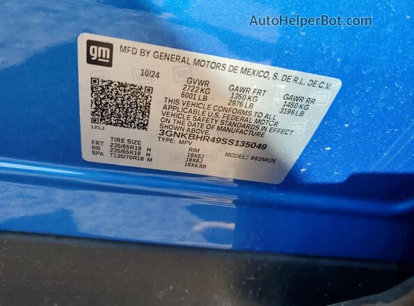 3GNKBHR49SS135049 2025 CHEVROLET BLAZER Blue VIN կոդի պիտակի տեսք