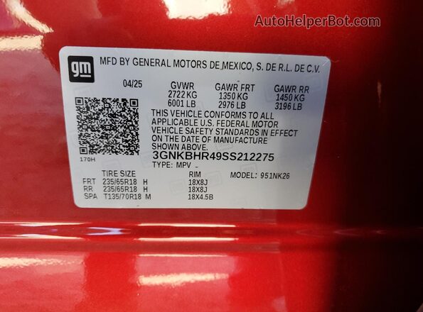 3GNKBHR49SS212275 2025 CHEVROLET BLAZER Red VIN კოდის სტიკერის ხედი
