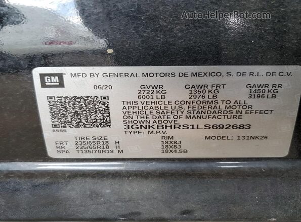 3GNKBHRS1LS692683 2020 CHEVROLET BLAZER Black Вид наклейки з VIN-кодом