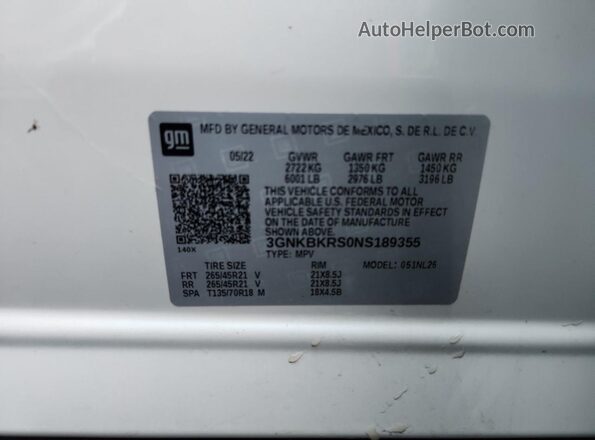 3GNKBKRS0NS189355 2022 CHEVROLET BLAZER White Widok wnętrza 360 stopni