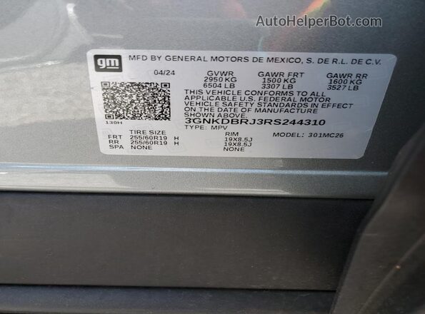 3GNKDBRJ3RS244310 2024 CHEVROLET BLAZER Gray VIN კოდის სტიკერის ხედი