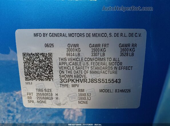 3GPKHVRJ8SS515543 2025 HONDA PROLOGUE Blue Вид підкапотного простору