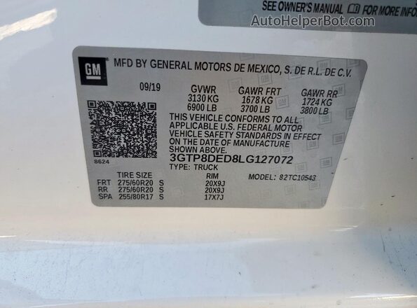 3GTP8DED8LG127072 2020 GMC SIERRA White VIN კოდის სტიკერის ხედი