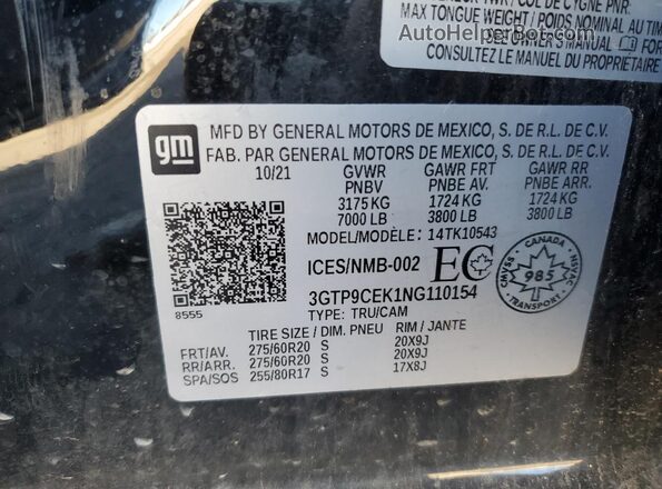 3GTP9CEK1NG110154 2022 GMC SIERRA Черный Вид наклейки с VIN-кодом