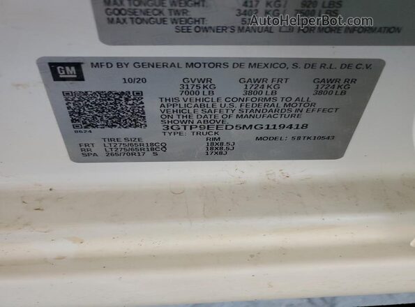 3GTP9EED5MG119418 2021 GMC SIERRA White ძრავის განყოფილების ხედი