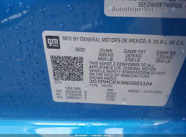 3GTPHCEK5NG601104 2022 GMC SIERRA Blue Вид підкапотного простору