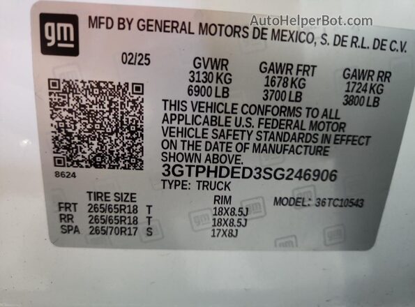 3GTPHDED3SG246906 2025 GMC SIERRA Белый Вид наклейки с VIN-кодом