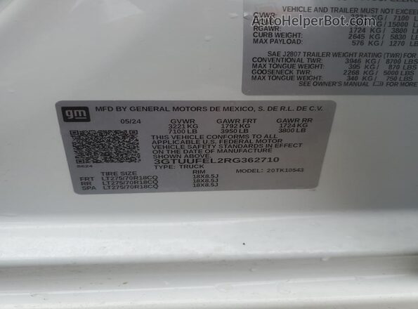 3GTUUFEL2RG362710 2024 GMC SIERRA White Widok naklejki z numerem VIN