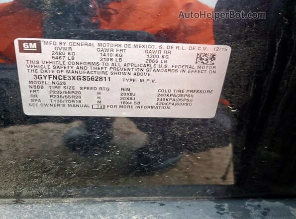 3GYFNCE3XGS562811 2016 CADILLAC SRX Black Вид наклейки з VIN-кодом