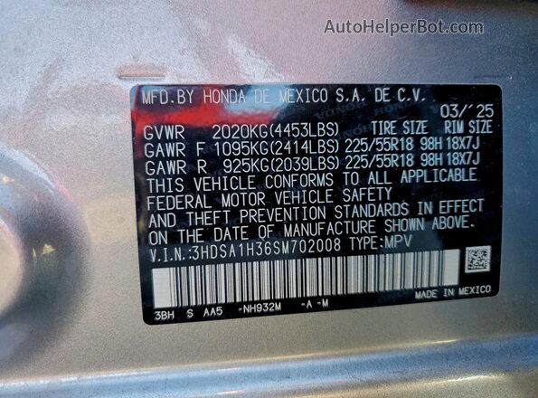3HDSA1H36SM702008 2025 ACURA ADX Silver VIN sticker view