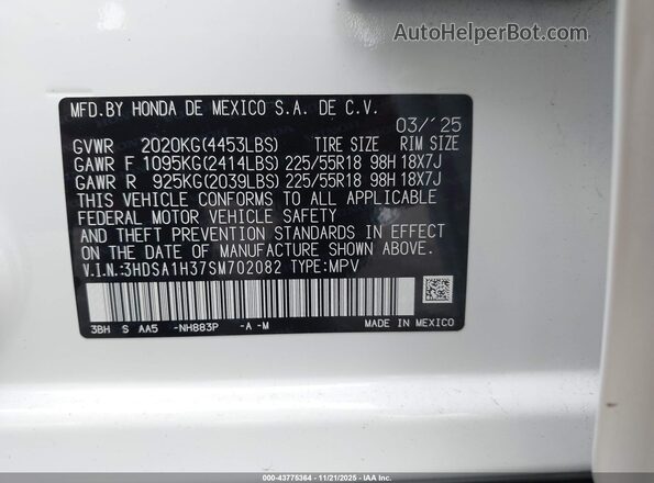 3HDSA1H37SM702082 2025 ACURA ADX White Widok komory silnika