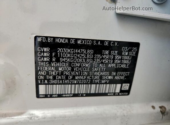3HDSA1H52SM702072 2025 ACURA ADX White VIN კოდის სტიკერის ხედი